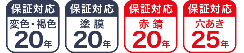 変色・褐色20年、塗膜20年、赤錆20年、穴あき25年保証対応！