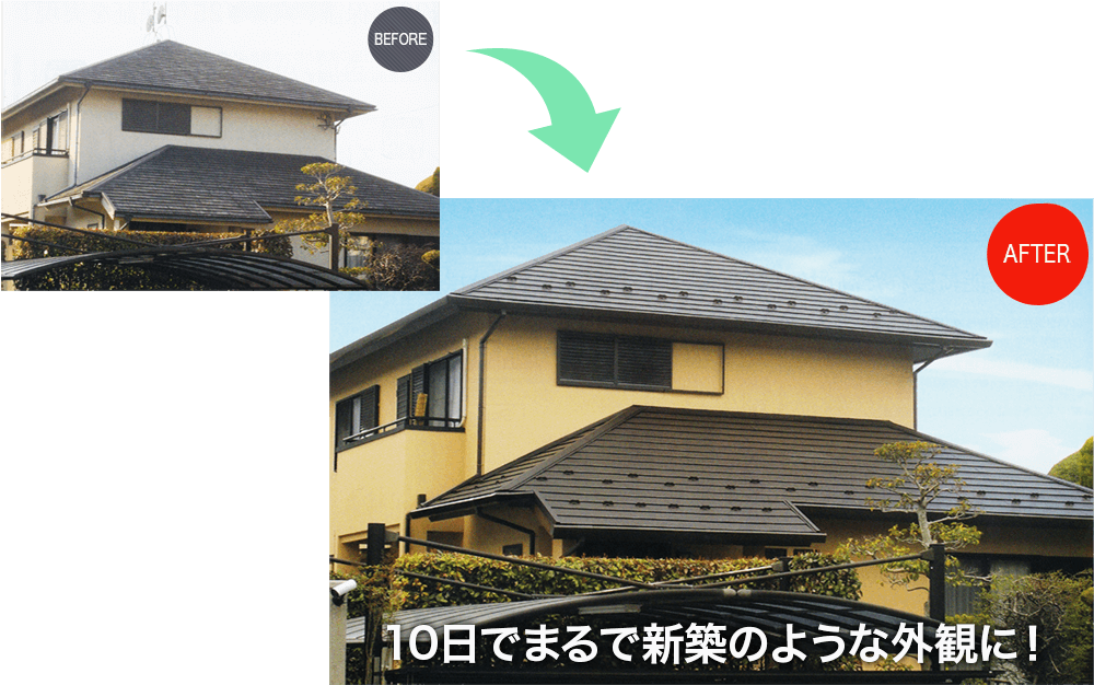 ガルバリウム鋼板を使った「横暖ルーフ」　施工イメージ　Before&After　10日でまるで新築のような外観に！