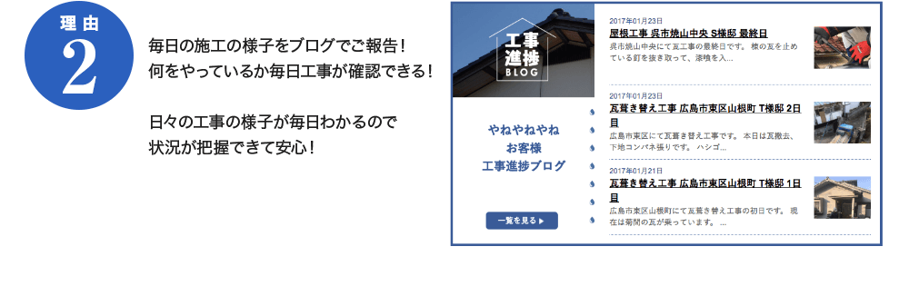理由2　毎日の施工の様子をブログでご報告！何をやっているか毎日工事が確認できる！日々の工事の様子が毎日わかるので状況が把握できて安心！
