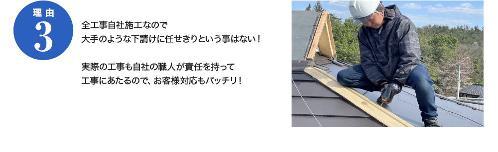 理由3　全工事自社施工なので大手のような下請けに任せきりという事はない！実際の工事も自社の職人が責任を持って工事にあたるので、お客様対応もバッチリ！