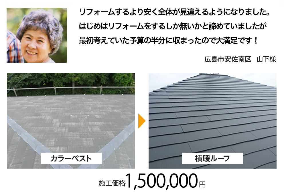 リフォームするより安く全体が見違えるようになりました。はじめはリフォームするしか無いかと諦めていましたが最初考えていた予算の半分に収まったので大満足です！　広島市安佐南区 山下様