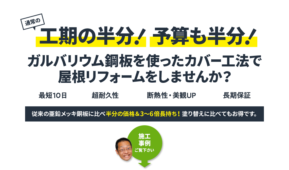 屋根リフォームを検討しているけど工期や値段がきになるあなたへ。通常の工期の半分！予算も
								半分！ガルバリウム鋼板を使ったカバー工法で屋根リフォームをしませんか？最短10日・超耐久性・断熱性UP・美観UP・長期保証。従来の亜鉛メッキ銅板に比べ半分の価格＆3〜6倍長持ち！塗り替えに比べてもお得です。